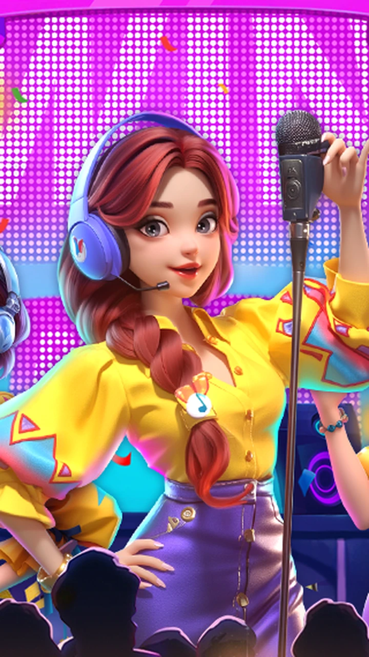 Karakter vokal panggung at866 dengan headset dan mikrofon dari artwork resmi